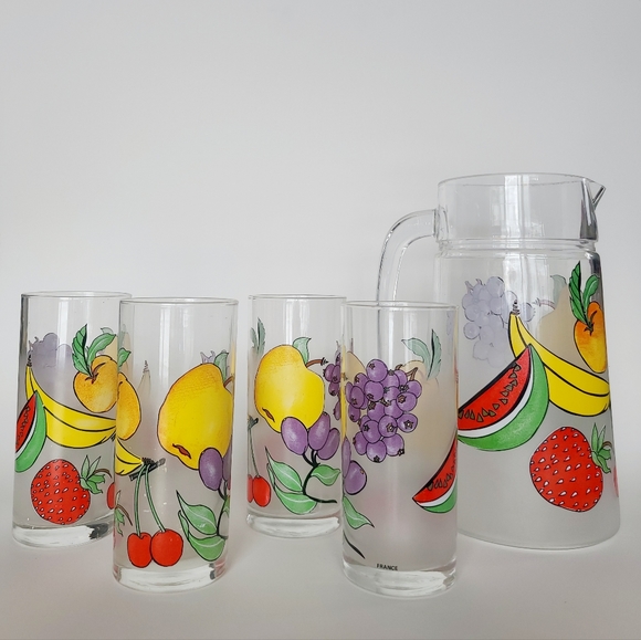 🍉Vintage French Frosted Glass Fruit Punch Set - 1 Pitcher and 4 Glasses - Picture 1 of 8